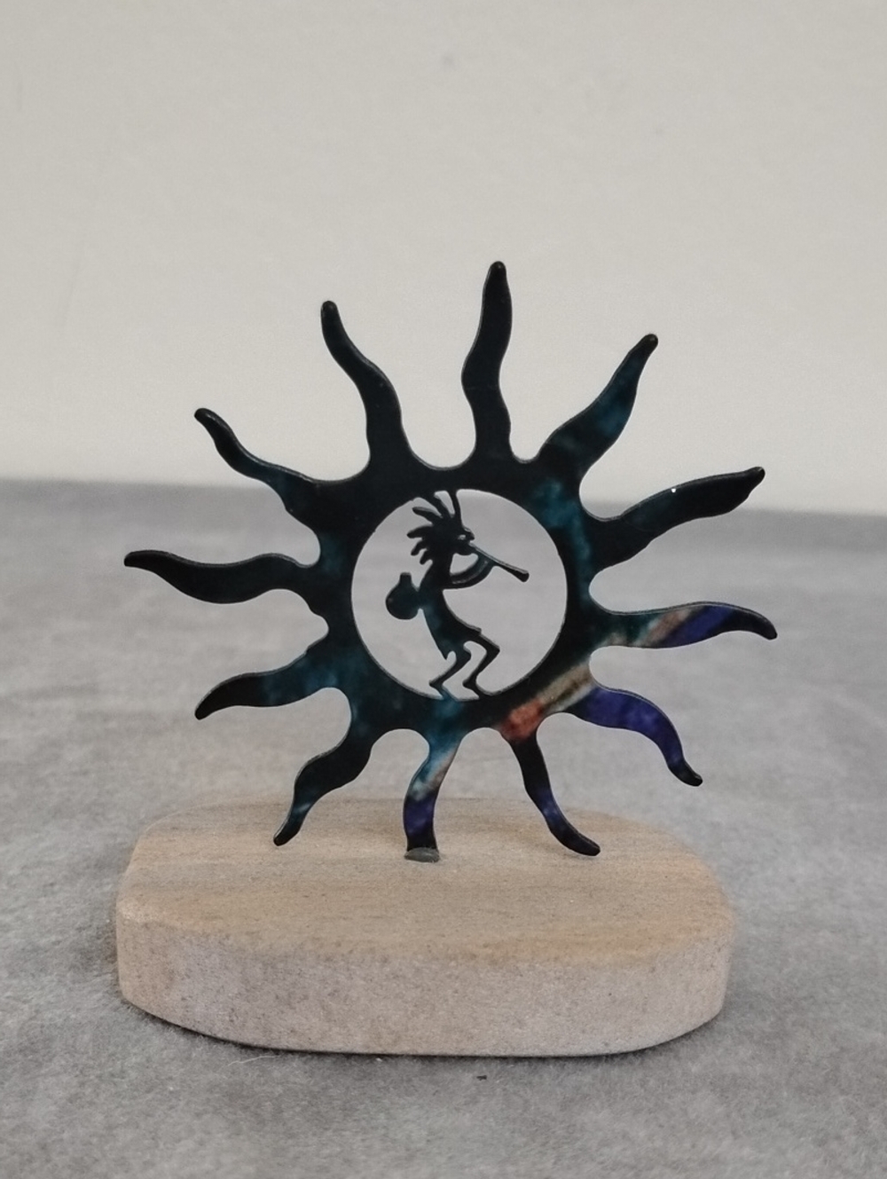 NWOT Handcrafted Black and Iridescent Kokopelli Sun Sculpture - Home Art